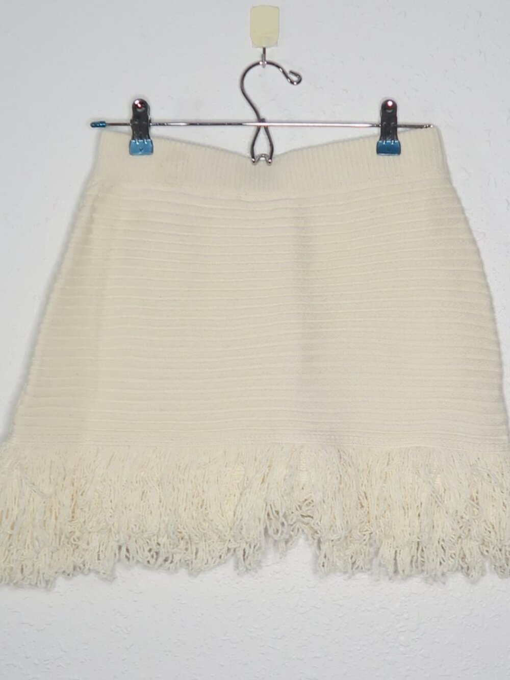 Commense Off White Cream Fringed Mesh-Knit Polo Short Sleeve Top